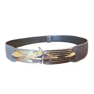 Judith Leiber Gray Textured Leather Belt with Gold Buckle